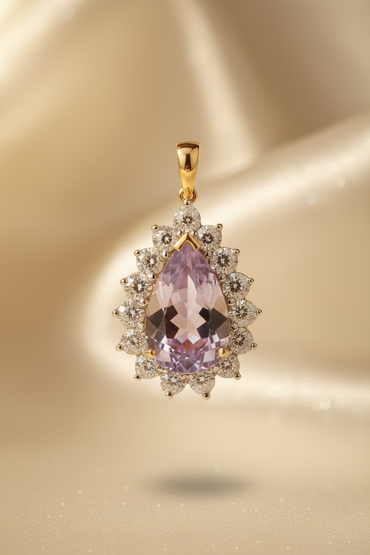 10K yellow gold pear-cut amethyst and diamond starburst halo pendant, front view