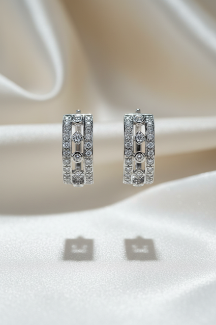 14K White Gold Floating Bezel Diamond Huggie Hoop Earrings – Face View