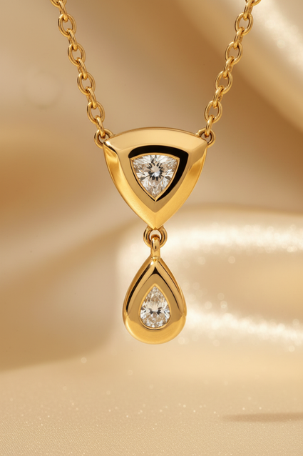 14K yellow gold diamond triangle and teardrop two-part drop pendant, front view