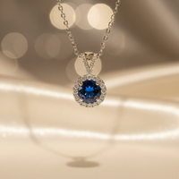 14K White Gold Blue Sapphire & Diamond Halo Pendant Necklace