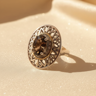 Sterling Silver 18K Yellow Gold Smoky Topaz and Diamond Ring - editorial three-quarter