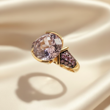 14K Checkerboard Amethyst Pavé Pink Tourmaline Ring — Three-Quarter View