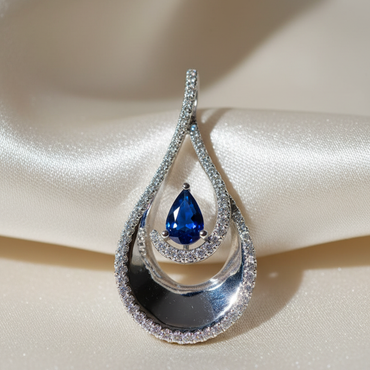 14K White Gold Sapphire & Diamond Double Teardrop Pendant - angle 1