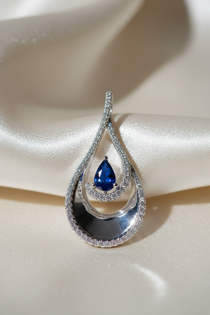 14K White Gold Sapphire & Diamond Double Teardrop Pendant - angle 1