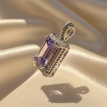 14K White Gold Emerald-Cut Amethyst & Diamond Halo Pendant - Side Profile