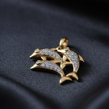 10K Yellow Gold Diamond Double Dolphin Pendant – Three-Quarter Angle