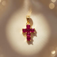 18K Yellow Gold Ruby Cross Pendant - editorial 1:1