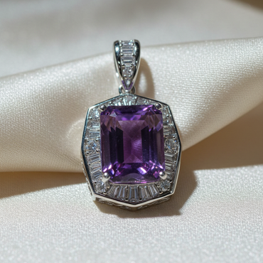 14K White Gold Emerald-Cut Amethyst and Diamond Halo Pendant - close-up detail on cream satin