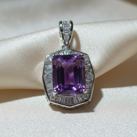 14K White Gold Emerald-Cut Amethyst and Diamond Halo Pendant - close-up detail on cream satin