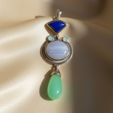 Sterling Silver Lapis Lazuli, Blue Chalcedony, Opal & Chrysoprase Multi-Stone Pendant - editorial marketing image