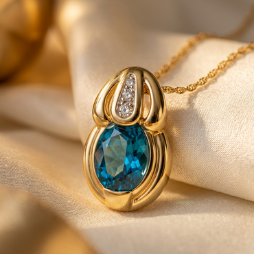 14K yellow gold blue topaz and diamond pendant, slightly turned view
