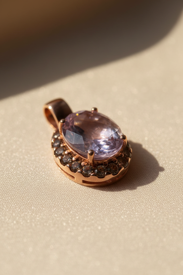 14K rose gold amethyst and smoky quartz halo pendant, three-quarter angle