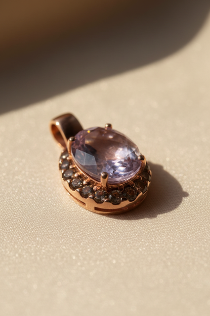 14K rose gold amethyst and smoky quartz halo pendant, three-quarter angle