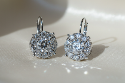 14K White Gold Round Diamond Cluster Lever Back Earrings - Pair View