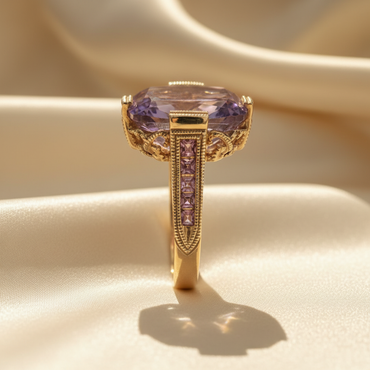 14K Yellow Gold Cushion Amethyst Pink Tourmaline Milgrain Ring — Side View