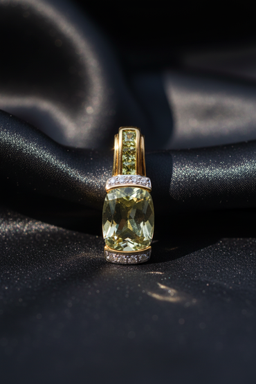 14K Yellow Gold Olive Quartz Peridot and Diamond Pendant – Front View