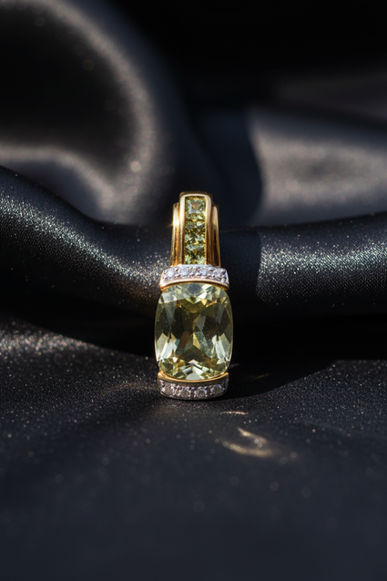 14K Yellow Gold Olive Quartz Peridot and Diamond Pendant – Front View