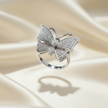 10K White Gold Diamond Pavé Butterfly Ring — angled view showing body and wing depth