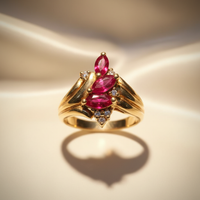 10K Yellow Gold Triple Marquise Ruby & Diamond Ring - Marketing Image 1