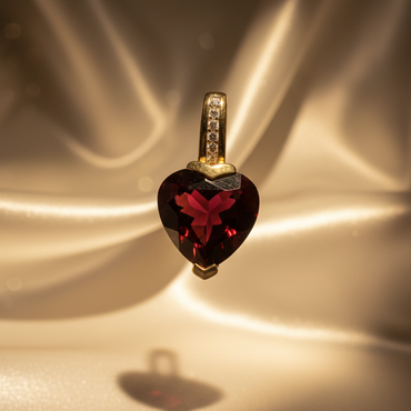 14K gold heart garnet and pink tourmaline pendant front view