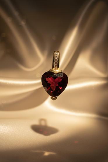14K gold heart garnet and pink tourmaline pendant front view