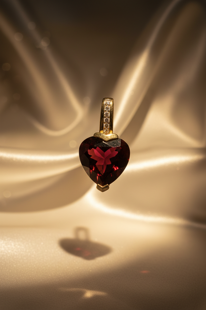 14K gold heart garnet and pink tourmaline pendant front view
