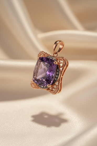 14K Rose Gold Amethyst & Diamond Vintage Filigree Pendant - three-quarter view