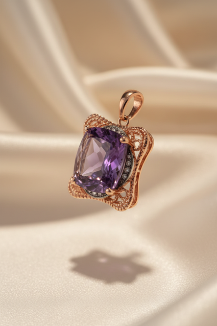 14K Rose Gold Amethyst & Diamond Vintage Filigree Pendant - three-quarter view