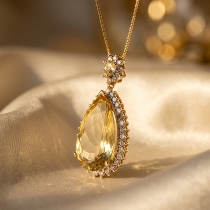14K gold citrine and diamond pear pendant necklace, side view