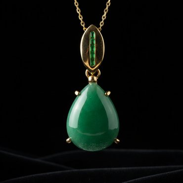 14K Yellow Gold 4ct Fancy Pear Emerald Cabochon Pendant - Front Close-Up