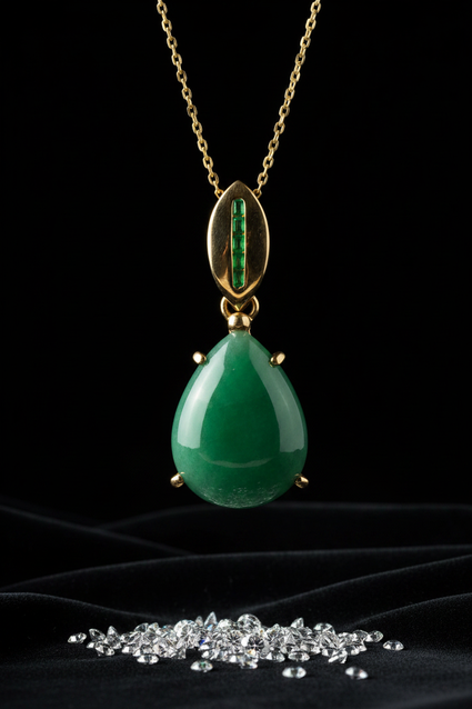 14K Yellow Gold 4ct Fancy Pear Emerald Cabochon Pendant - Front Close-Up