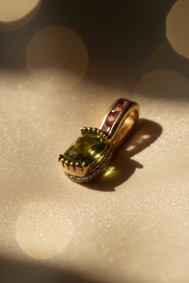 14K Yellow Gold Cushion Peridot, Pink Tourmaline & Diamond Pendant - Angle View