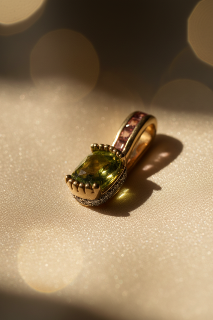 14K Yellow Gold Cushion Peridot, Pink Tourmaline & Diamond Pendant - Angle View