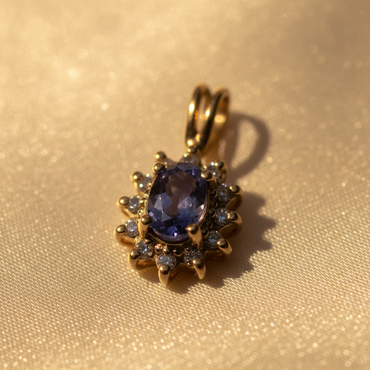 14K Yellow Gold Tanzanite & Diamond Sunburst Halo Pendant - Macro View