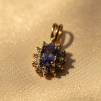 14K Yellow Gold Tanzanite & Diamond Sunburst Halo Pendant - Macro View