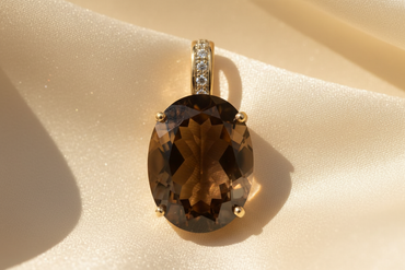 14K Yellow Gold Oval Brown Quartz and Diamond Pendant - front view