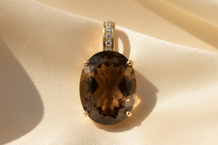 14K Yellow Gold Oval Brown Quartz and Diamond Pendant - front view