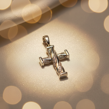 14K white gold diamond cross pendant with twisted rope design and pavé diamonds, angle 3