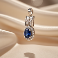 14K White Gold Oval Blue Sapphire & Diamond Pendant - Editorial Angle