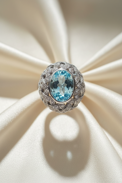 18K White Gold Aquamarine Diamond Dome Ring – Top View
