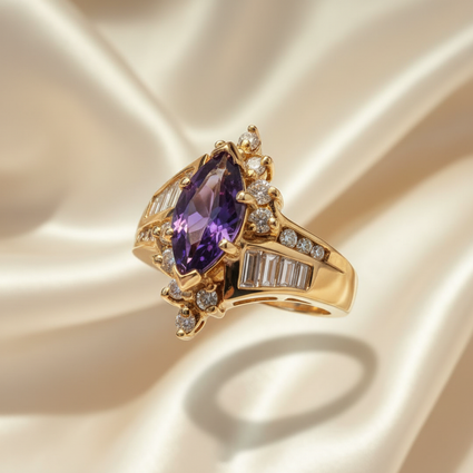 14K Yellow Gold Marquise Amethyst Diamond Ring - Three-Quarter View