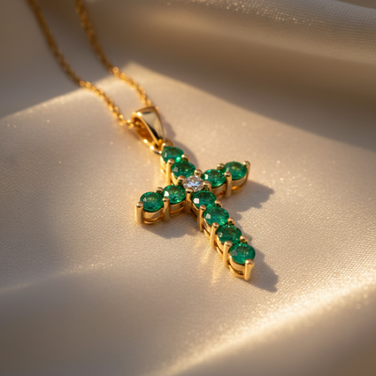 14K Yellow Gold Emerald & Diamond Cross Pendant - Angle View