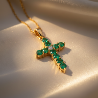 14K Yellow Gold Emerald & Diamond Cross Pendant - Angle View