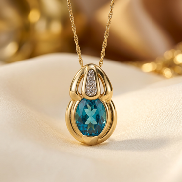 14K yellow gold blue topaz and diamond pendant, front view on cream satin