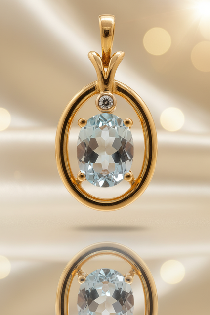 14K yellow gold aquamarine and diamond oval frame pendant, front view