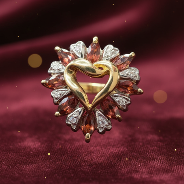 10K yellow gold open heart garnet sunburst diamond ring luxury editorial marketing photo