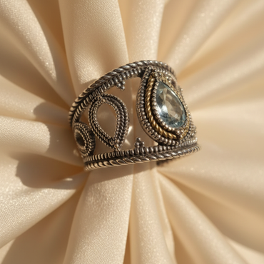 18K Gold & Sterling Silver Aquamarine Balinese Ring – Three-Quarter View