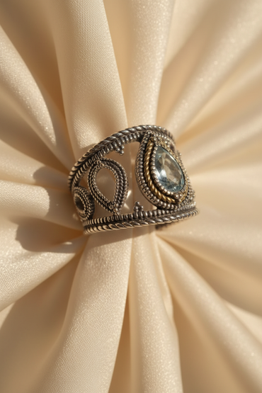 18K Gold & Sterling Silver Aquamarine Balinese Ring – Three-Quarter View