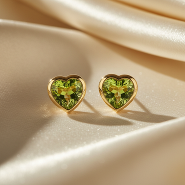 14K yellow gold heart peridot bezel stud earrings - editorial marketing image 2