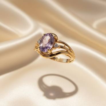 14K Yellow Gold Oval Amethyst Triple Split Shank Diamond Ring — Three-Quarter View